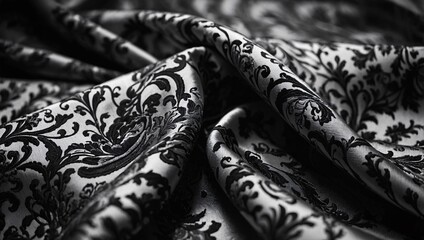 Wall Mural - Soft black and white silk fabric with luxurious patterns.