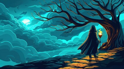 Sticker - Fantasy night scene with a girl in a cloak, seen from behind, walking along a stone path with a burning torch, a lonely tree adds a touch of horror.