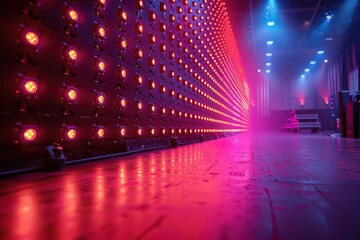 Wall Mural - A long wall of red lights with a blue light in the background