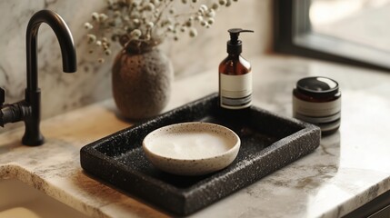 Wall Mural - Elegant bathroom countertop with minimalist decor featuring a stone tray, bowl, and stylish containers against a marble backdrop