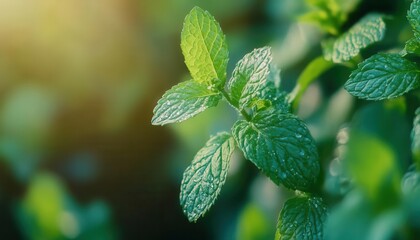 Mint leaves closeup, bright green, fresh herbal plant, and aromatic essence