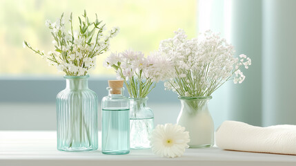 Canvas Print - Delicate white flowers are elegantly arranged in various glass vases on a light table, illuminated by soft sunlight streaming through a nearby window