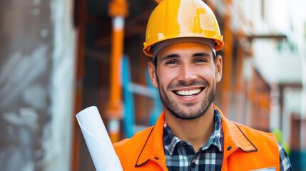 Smiling Construction Worker Holding Blueprints at a Building Site Wearing Safety Gear and Hard Hat