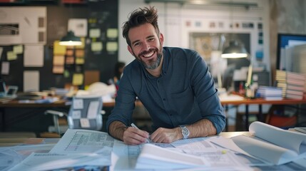 Poster - smiling architect working on blueprints in modern office with creative design elements and natural l
