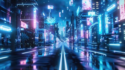 Wall Mural - A futuristic cityscape at night, illuminated by neon lights, showcasing a vibrant and technologically advanced urban environment.