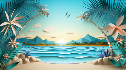 Illustration of a beautiful landscape. Island with palm trees overlooking the lagoon at sunset.	
