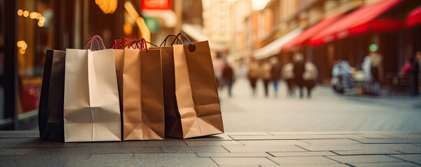 Coloured shopping bags in row. panorama picture.