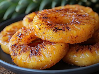 Fresh pineapple rings grilled with a touch of cinnamon, quick and healthy dessert, sweet and tropical.