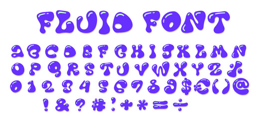 Fototapete - Fluid font - Hand Drawn Alphabet letters and numbers set. Trendy y2k Liquid and Groovy Letters. Decorative Artistic liquid type ABC. Flat vector design.