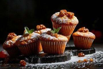 Wall Mural - walnut muffins dusted with powdered sugar and garnished with mint leaves