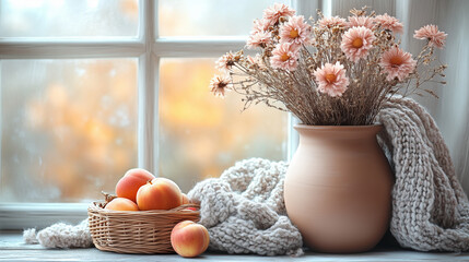 A clay jug filled with dried flowers, placed next to a wicker basket with harvest fruits and a warm, fluffy scarf, on a soft, light background.