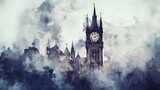 Fototapeta Big Ben - Gothic clock tower, ticking away time, misty village, Watercolor style