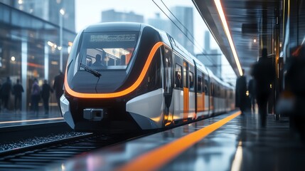 Aufkleber - A close-up of passengers boarding an electric train at a modern station, with the train clean and futuristic design and the busy station environment highlighting the daily commute.