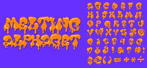 Poster - Halloween melting alphabet with numbers isolated on purple background. English font in slime drip texture set collection. Flat vector illustration imitating 3d.