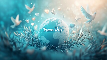 Poster - A serene design celebrating World Peace Day, featuring symbols of peace such as doves, olive branches, and a globe, evoking unity and harmony