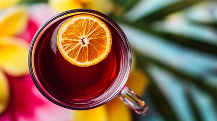 A cup of hibiscus tea, with a slice of orange floating in the warm liquid, set against a vibrant, tropical background