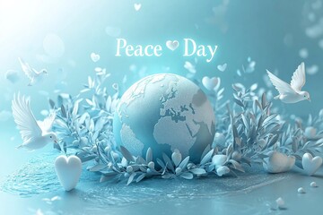 Poster - A serene design celebrating World Peace Day, featuring symbols of peace such as doves, olive branches, and a globe, evoking unity and harmony
