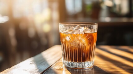 Poster - A close-up shot of a clear glass filled with iced coffee on a wooden table, with soft sunlight streaming through a window in the background, highlighting the intricate design of the glass.