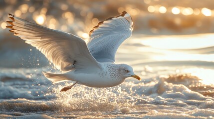 Poster - A close-up shot of a seagull flying near the shore, with its wings spread wide and its feathers catching the sunlight, creating a dynamic and lively beach scene.