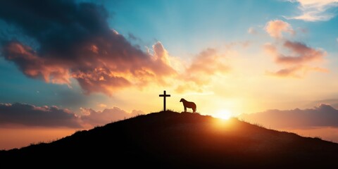 Wall Mural - Lamb of God Standing Near a Cross at Sunset, Symbolizing Christian Faith and Spirituality