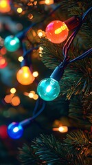 Wall Mural - A close-up view of vibrant, colorful Christmas lights wrapped around a pine tree branch, capturing the joy, warmth, and festive spirit of the holiday season.