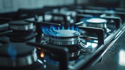 Wall Mural - Flickering Blue Flame on a Gas Stove in a Modern Kitchen