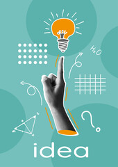 Trendy Poster Collage with Hand, Lightbulb, School Icons, Modern font. Modern Banner design of website, programming, online lessons, idea. Vector illustration Concept with simple elements and icons. 