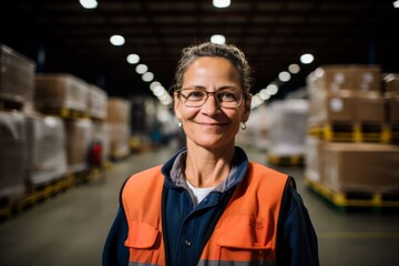 Canvas Print - Portrait of a smiling middle aged female warehouse worker