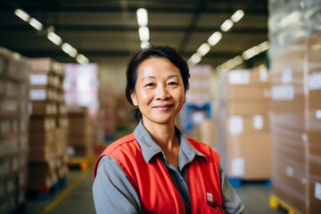 Wall Mural - Portrait of a smiling middle aged female warehouse worker