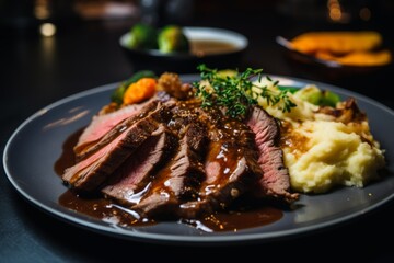 Wall Mural - Close up of sliced roast beef with vegetables