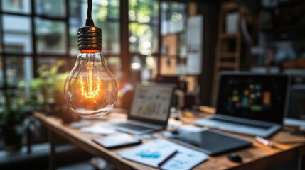 A creative workspace with a lightbulb-shaped hanging lamp, casting light on a table filled with sketches, laptops, and tablets, symbolizing the spark of new ideas.