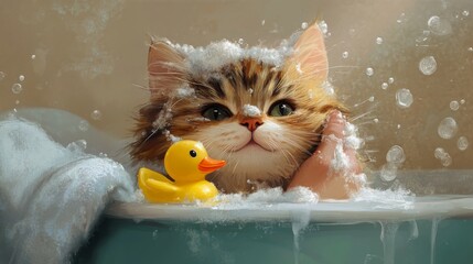 Poster - A cute cat with its fur lathered in bubbles, sitting in a small tub, with a rubber ducky and a gentle hand holding the cat steady, emphasizing a gentle bath time.