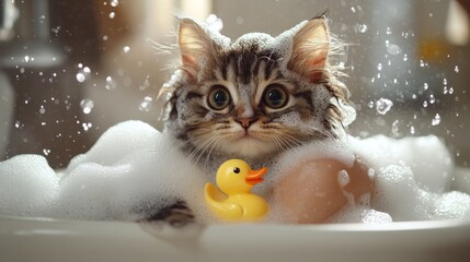 Poster - A cute cat with its fur lathered in bubbles, sitting in a small tub, with a rubber ducky and a gentle hand holding the cat steady, emphasizing a gentle bath time.