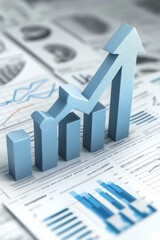 Poster - 3d graph with colorful bars and arrow indicating growth on financial document
