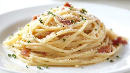 Sticker - A delicious plate of spaghetti carbonara with creamy sauce and crispy pancetta, elegantly presented on a white background, highlighting the classic Italian dish.