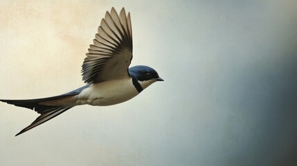 Poster - A detailed image of a swallow darting through the sky, with its sleek body and swift movements captured against a slightly overcast sky, highlighting its agile flight.