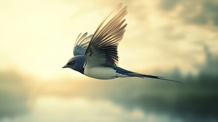 Poster - A detailed image of a swallow darting through the sky, with its sleek body and swift movements captured against a slightly overcast sky, highlighting its agile flight.