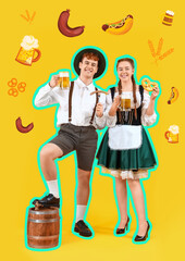 Sticker - Young couple in traditional German clothes with beer and snacks on yellow background