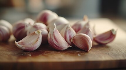 Poster - A detailed shot of garlic cloves arranged on a cutting board, with a focus on their textures and the subtle sheen of the skins, highlighting the essential ingredient in cooking.