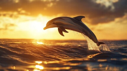Poster - A dolphin performing a graceful spin in mid-air above the water, with a beautiful sunset casting golden hues across the ocean and reflecting off the dolphin's wet skin.