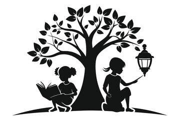 children reading a book under the tree G.eps