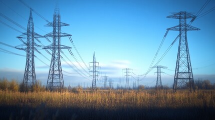 Poster - A dramatic view of high-voltage transmission towers and power lines against a clear blue sky, emphasizing their towering presence and the vast network of high-voltage infrastructure.