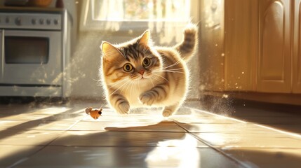 Poster - A fat, fluffy cat racing across a tiled kitchen floor, trying to catch a toy mouse. The kitchen is modern and sleek, with sunlight streaming through a window