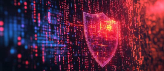 Poster - 2d illustration of a security concept featuring a shield against a backdrop of digital code