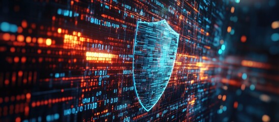 Poster - 2d illustration of a security concept featuring a shield against a backdrop of digital code