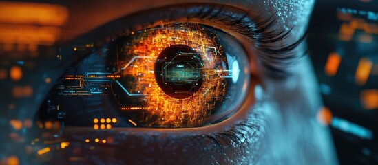 Poster - 2D illustration of an eye analyzing a high tech interface in a digital composite design
