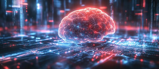Poster - 2D illustration representing a thoughtful concept with an abstract brain design showcasing the theme of artificial intelligence and technology in a web background