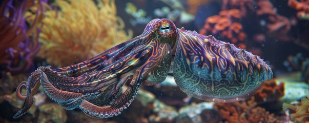 Cuttlefish displaying vibrant skin patterns, 4K hyperrealistic photo