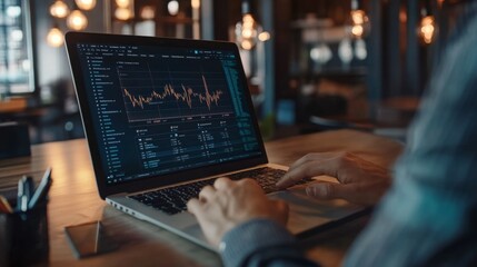Fototapete - A financial analyst working on a laptop with a screen displaying a complex, multi-line graph, set in a corporate environment with modern office decor.