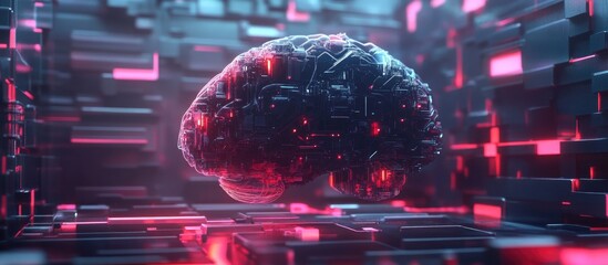 Poster - 2D illustration showcasing the concept of thought featuring an abstract representation of a brain and technology focused web design